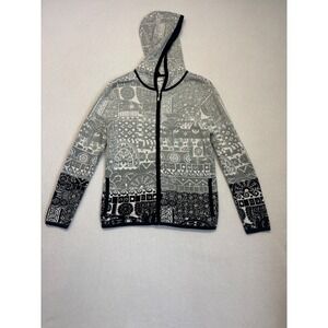 Chicos Silk Cotton Knit Full Zip Hoodie Gray Black Patchwork Sweater Size 0